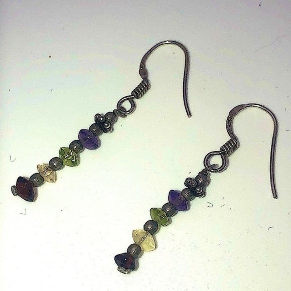 VTG Sterling Amethyst Peridot Clear Quartz &Garnet Stone Earrings 1.5” - Picture 1 of 4